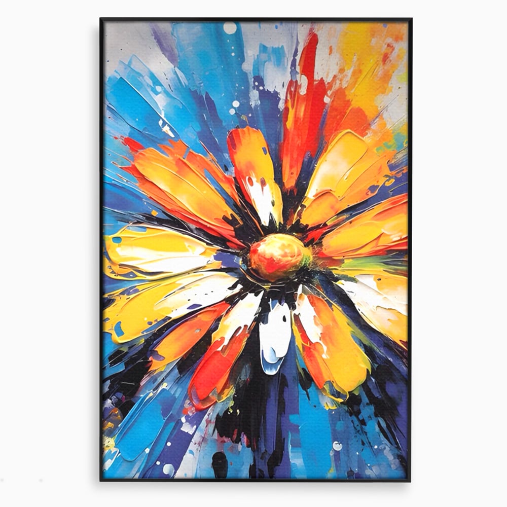 Tablou canvas cu pictura abstracta cu floare colorata, in rama de aluminiu negru